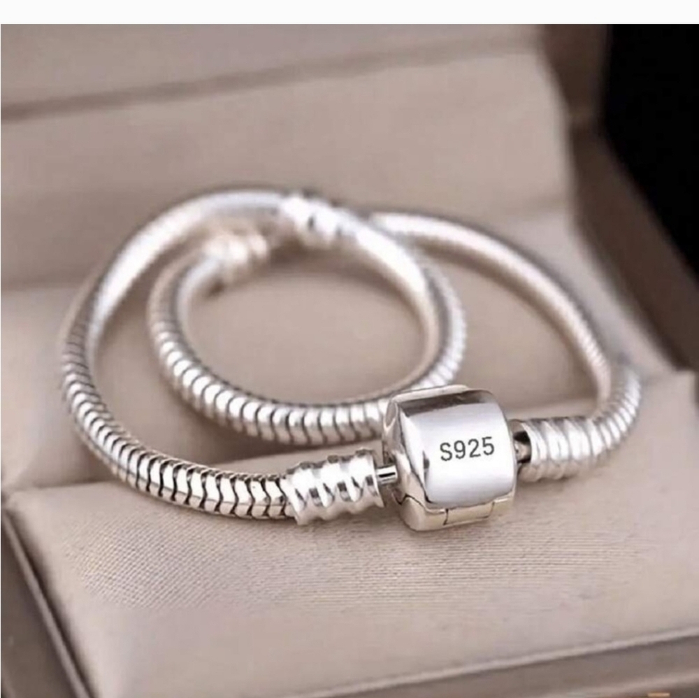 Sterling silver Plated Round Snake Chain Charm Bracelet 9"